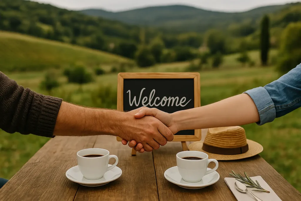 Vendéglátós és vendég kezet fog, amely jelképezi a Modern Vándor küldetését