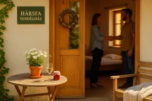 Vendégfogadás a szálláshelyen, előtérben virágokkal és egyéb apróságokkal