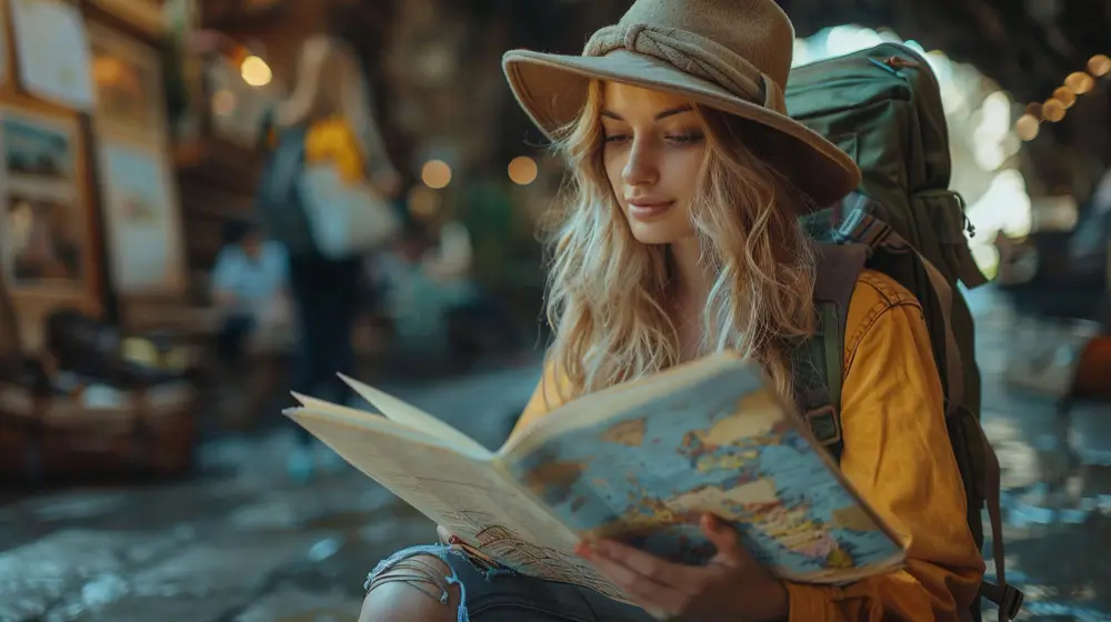 Egy szőke hajú nő utazás közben tájékozódik a térképről