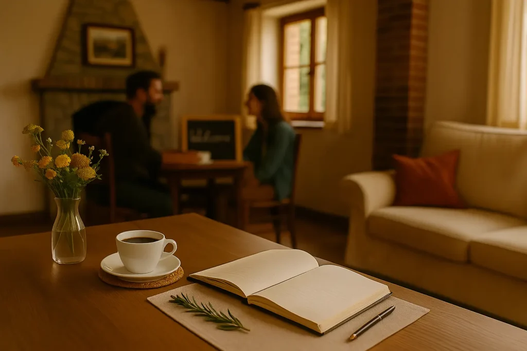 Egy vendég és a vendéglátós beszélget egy vendégház várójában